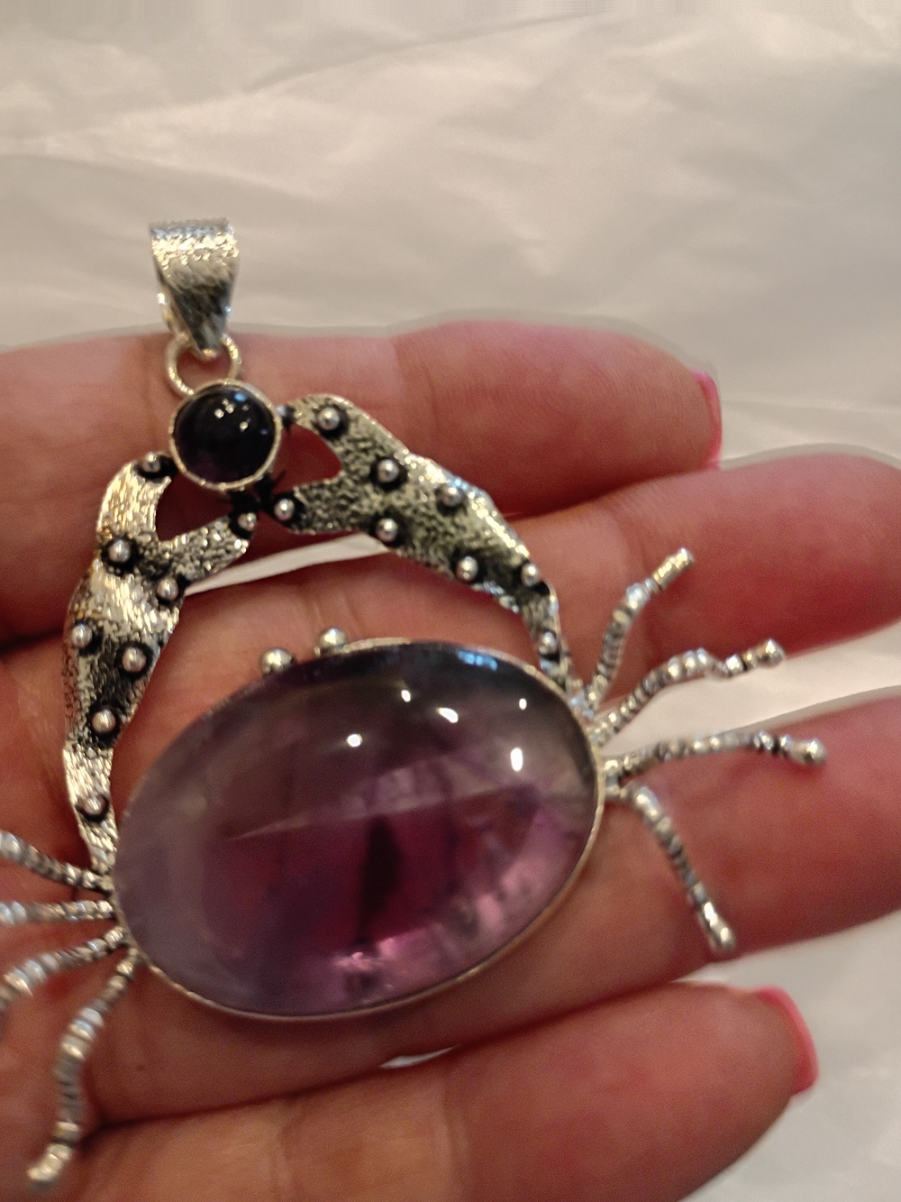 Large Silver Crab Amethyst Pendant with Purple Gemstone Beyond Unique & Cute! - Picture 5 of 7